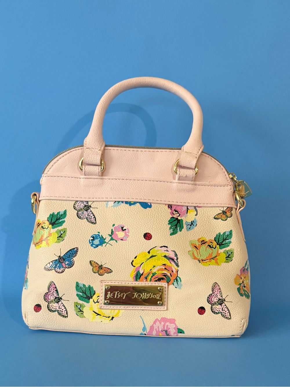 Betsey Johnson Cream Floral Butterfly Satchel Crossbody Bag Pink Bow
